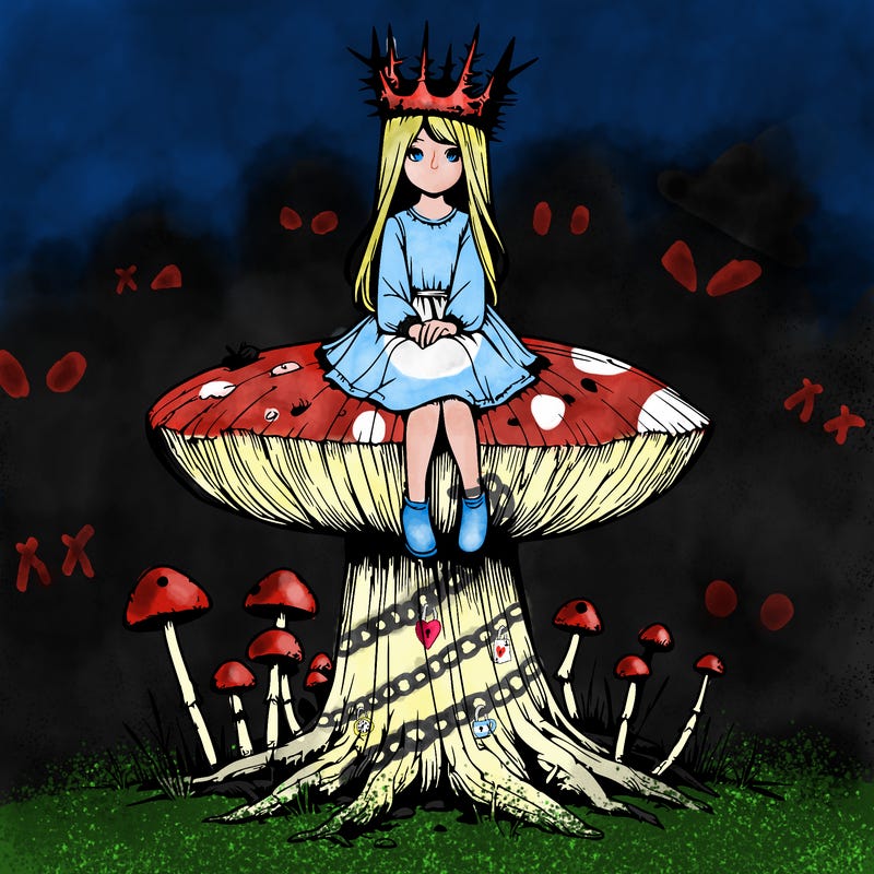 realistic girl sitting on a huge tree stump size toadstool with thorn crown