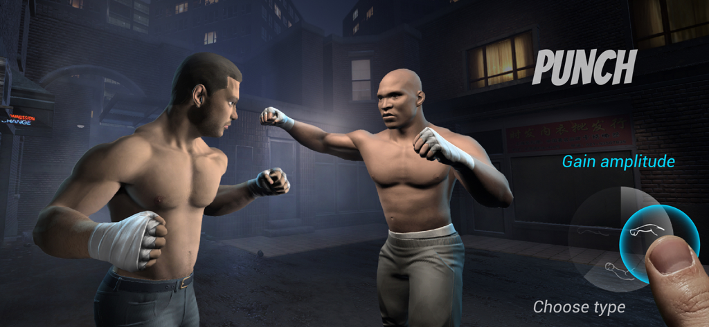 FightHood: Street Boxing Game - A street boxing match in FightHood showing two fighters in a city street and the punch type selection dial