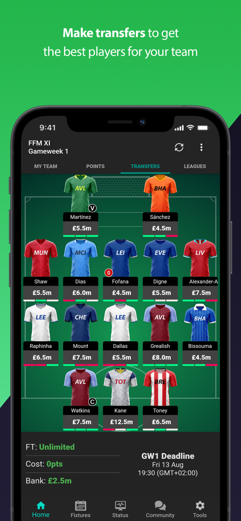 A mobile screen from the Fantasy Football Manager app showing a football pitch with player jerseys and transfer options