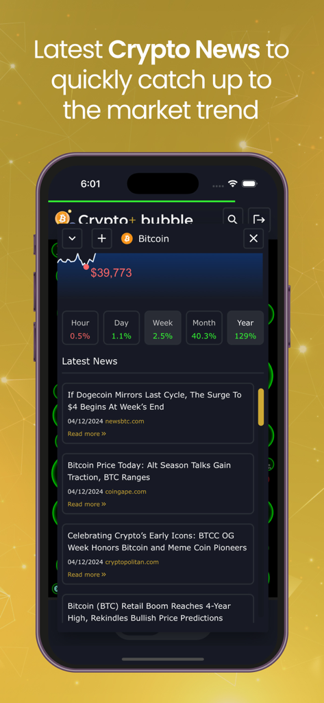 Crypto Plus Bubbles - Pantalla de smartphone que muestra las últimas noticias de criptomonedas y las tendencias del mercado de Bitcoin en la aplicación Crypto Plus Bubbles.