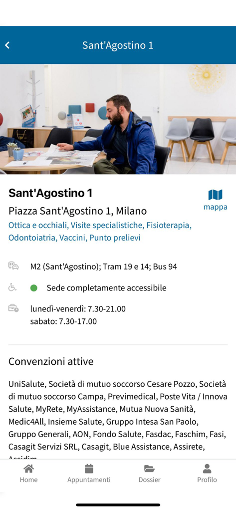 My Santagostino - Details page for a medical clinic in the My Santagostino app including address and opening hours