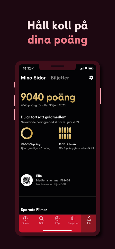 Filmstaden - The Filmstaden app rewards page showing a user's membership points and gold status