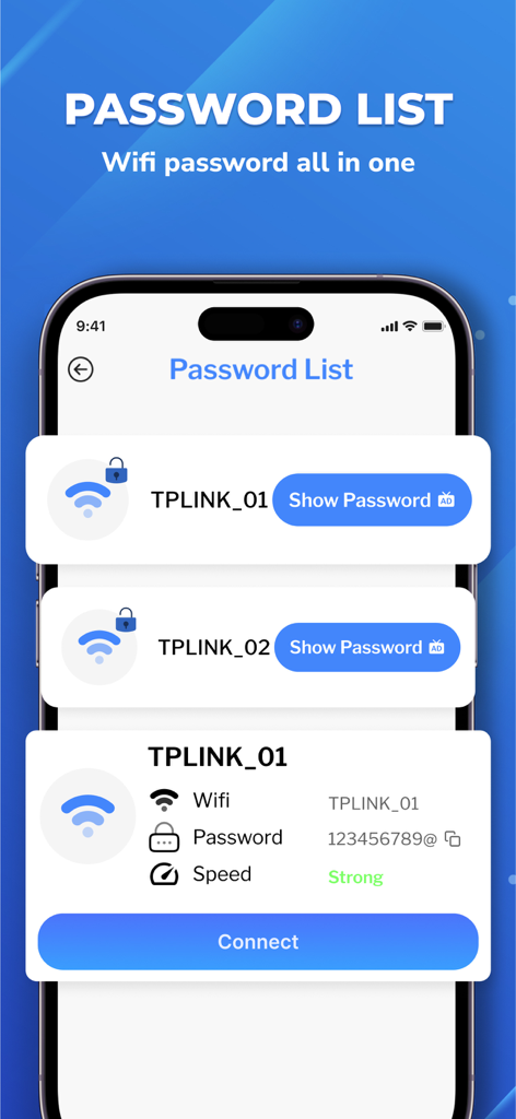 WiFi Password - WiFi Scan - Interface de l'application Mot de passe WiFi montrant une liste des réseaux disponibles avec les détails de connexion et les mots de passe
