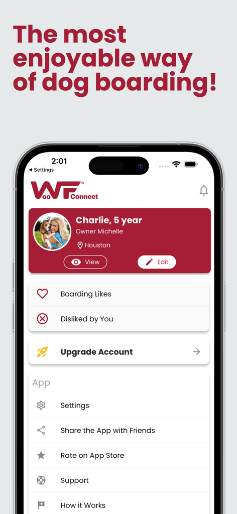 Écran de profil utilisateur de l'application WoofConnect pour un chien nommé Charlie à Houston