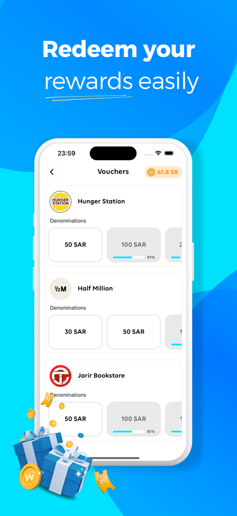 Wafii app interface showing available vouchers for reward redemption