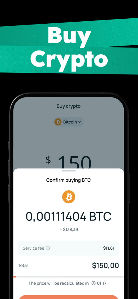 Aplicación móvil CEX.IO mostrando una pantalla de confirmación de compra de Bitcoin