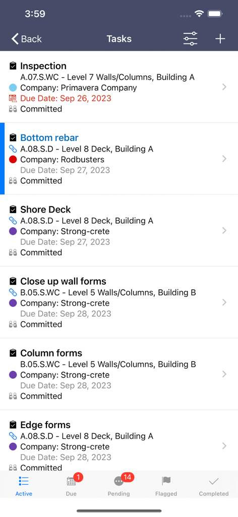 Oracle Primavera Cloud - Oracle Primavera Cloud 인터페이스, 활성 건설 작업 및 마감일 표시