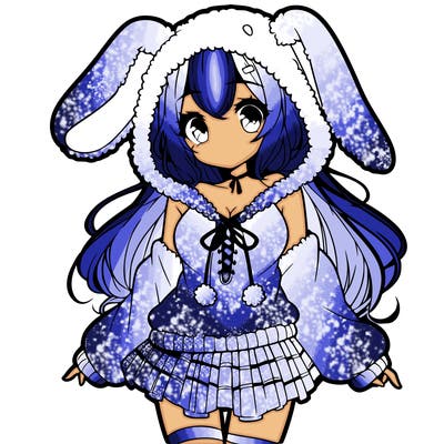 pretty anime girl wearing a fluffy hoodie with bunny ears on the hood and a skirt