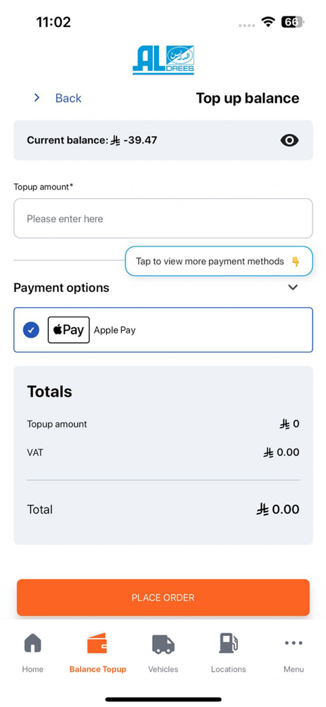 Aldrees app balance top up screen with Apple Pay payment method