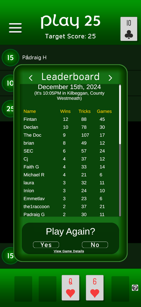 Leaderboard screen of the Play 25 mobile app showing player names wins and tricks statistics