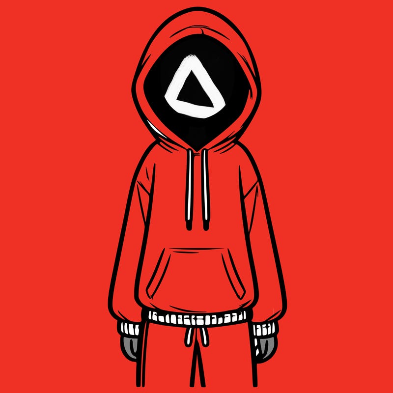 faceless girl in a tracksuit with a hood on and no hair