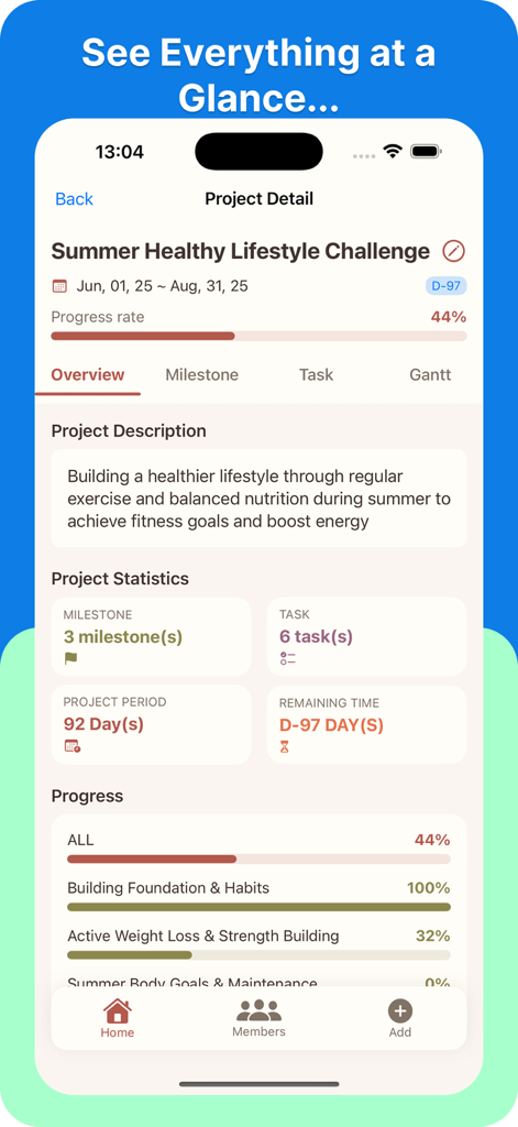 Project RoadMap - Dashboard der Project RoadMap App, das Projektfortschrittsmeilensteine und einen Countdown-Timer anzeigt