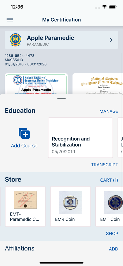 NREMT mobile app dashboard showing paramedic certification education courses and official registry store