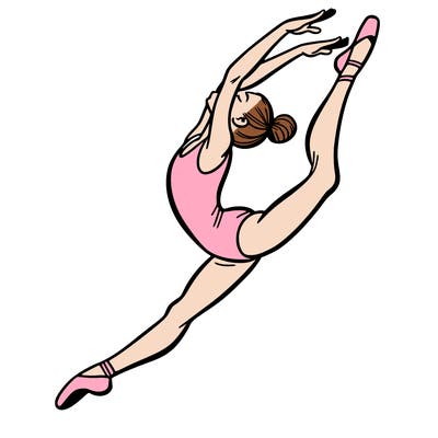 gymnast doing a leap in a leotard with a bent back leg