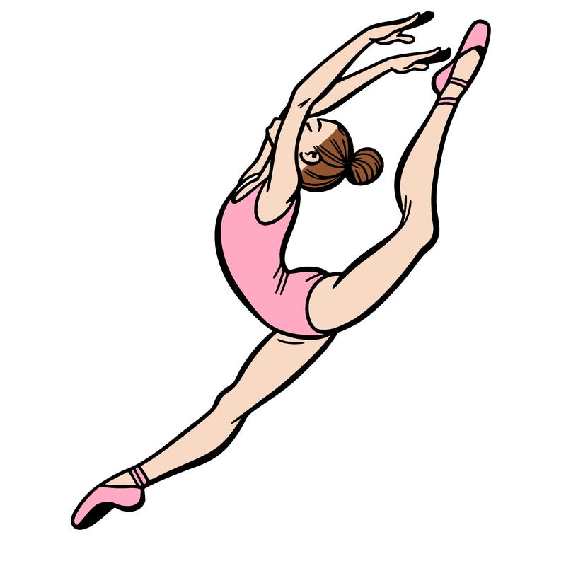 gymnast doing a leap in a leotard with a bent back leg