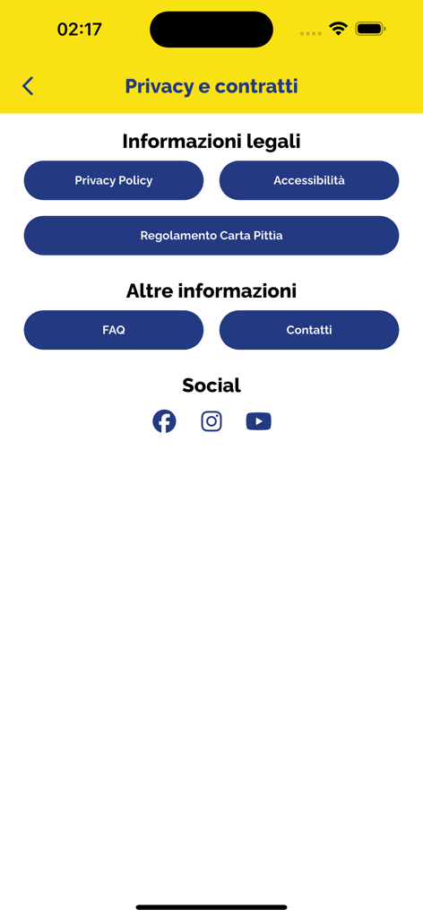 SuperConveniente Gruppo Arena - Schermata di informazioni sulla privacy e legali dell'app SuperConveniente con collegamenti a politiche, FAQ e social media