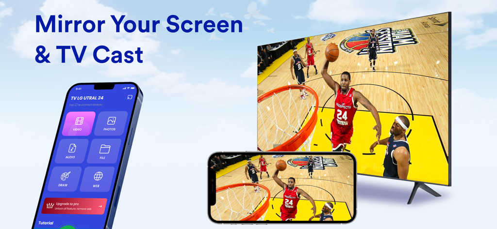 An iPhone mirroring a basketball game onto a large smart TV using the app