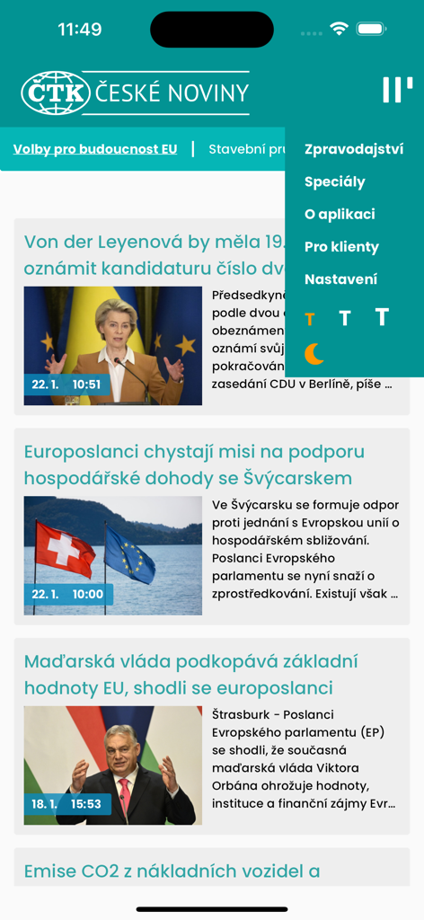 Interface of the Czech News Agency app showing a news feed with political headlines and an open sidebar menu with display settings