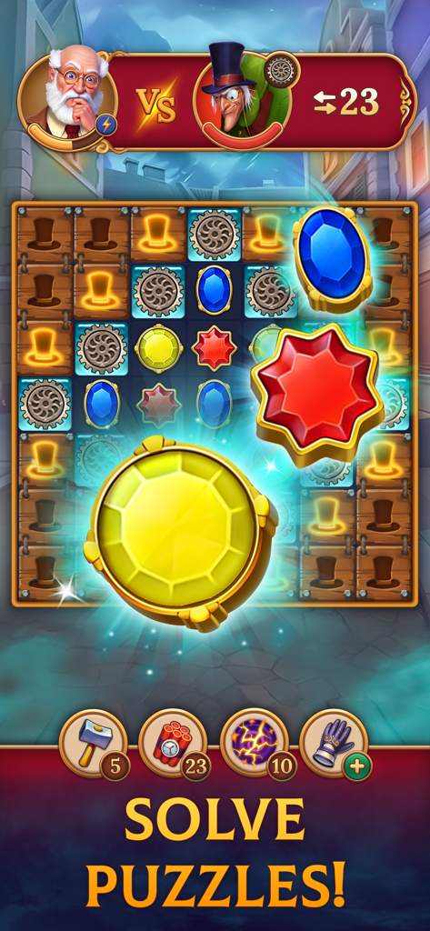Clockmaker: Match 3 Puzzles - Pantalla de juego de Clockmaker Match 3 mostrando joyas y una batalla de personajes