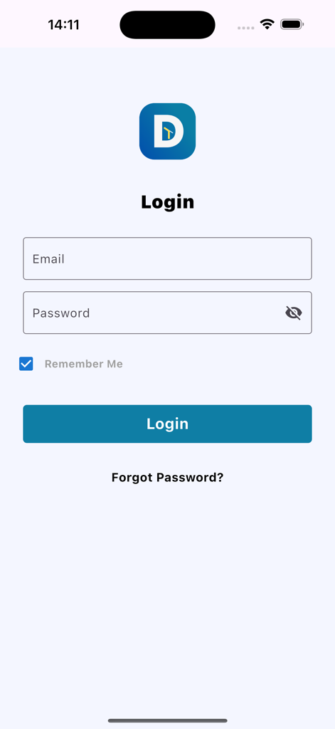 DTime - Login screen of the DTime workforce management app featuring email and password input fields