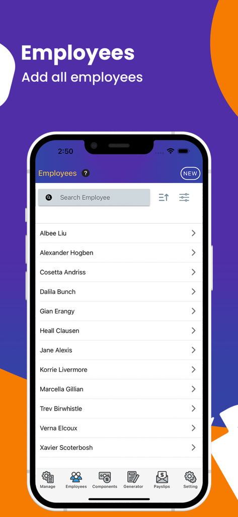 Auto Payslip Generator - Employee management list view within the Auto Payslip Generator app interface showing a list of names and search functionality.