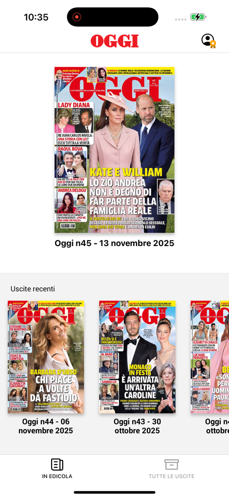 Homepage of the OGGI Digital Edition app showing various magazine covers in a digital newsstand view.