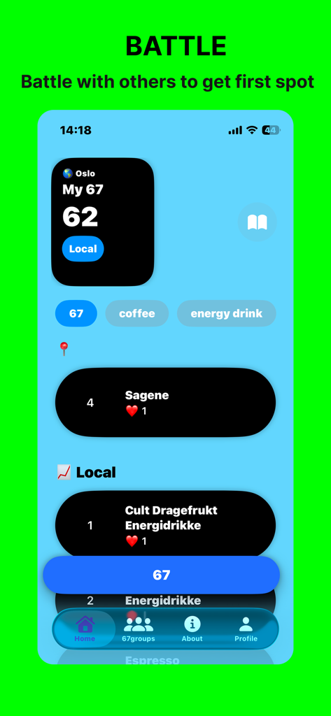 67hundre: Local 67Battle - 67hundre app screen showing city battle rankings and local competition leaderboard