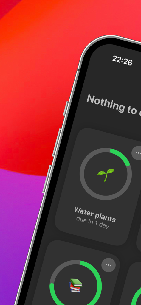 Reminder Widget by Mindr - iPhone의 Mindr 앱 위젯에 원형 진행률 표시줄이 있는 식물 물주기 작업이 표시됩니다.