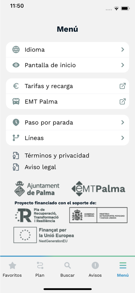El menú de configuración e información de la aplicación EMT Palma que presenta líneas de autobús, tarifas y opciones de idioma.