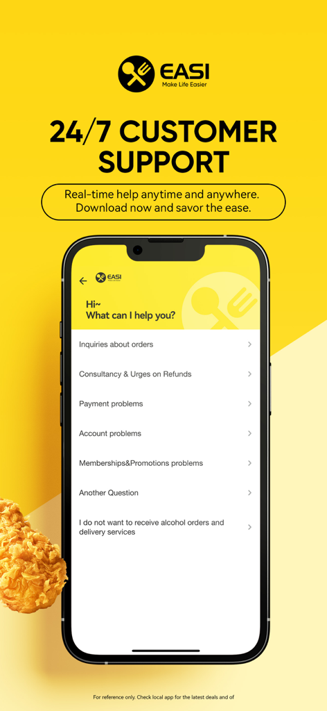 EASI Asian Food Delivery - EASI app interface showing 24/7 real-time customer support options for food delivery