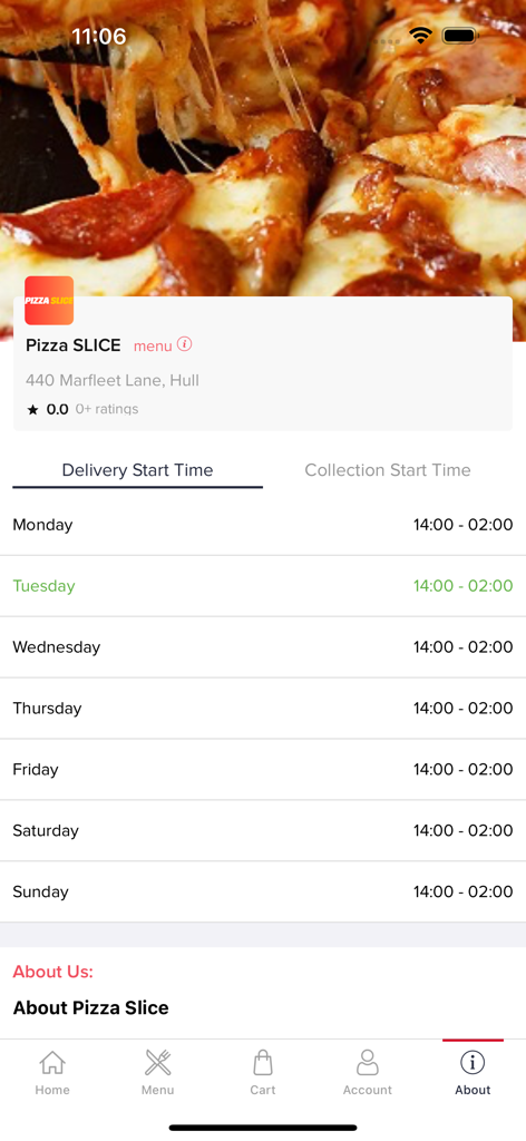 Horário de entrega e retirada para o aplicativo de restaurante Pizza Slice Online mostrando o horário de funcionamento diário