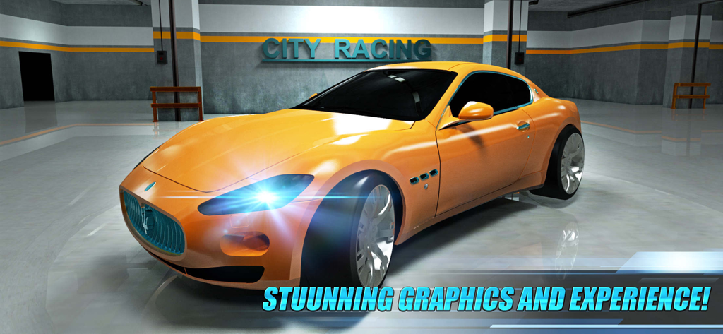City Racing 3D : Drive Max - An orange luxury sports car parked in a garage with City Racing 3D branding
