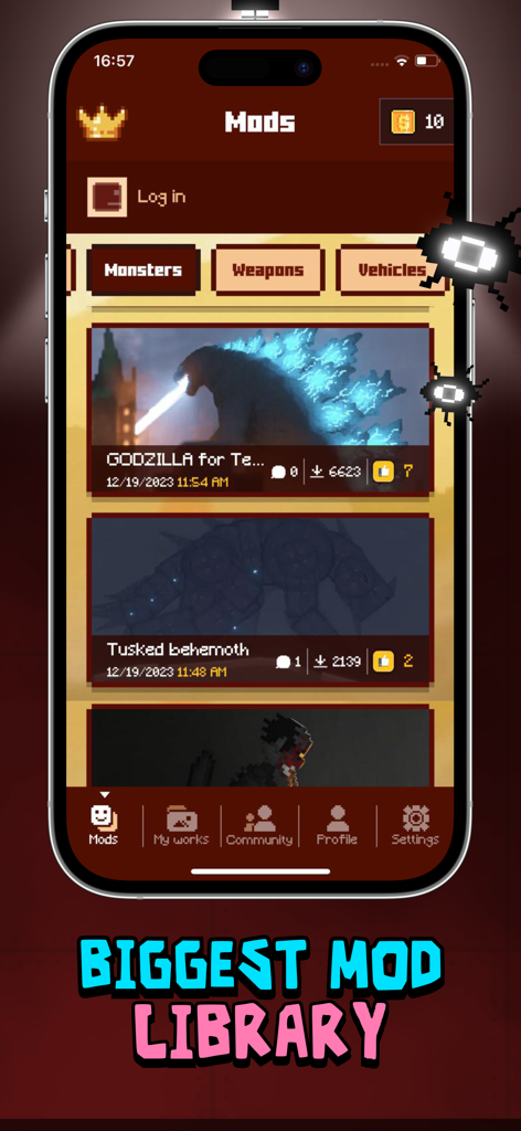 Interfaccia dell'app Pure Mods per Melon Playground che mostra la libreria di mod di mostri con opzioni Godzilla e Behemoth