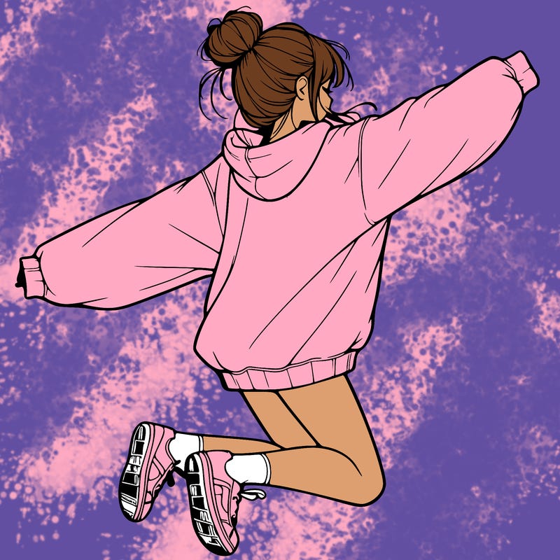 realistic girl jumping with a bun and oversized sweatshirt
