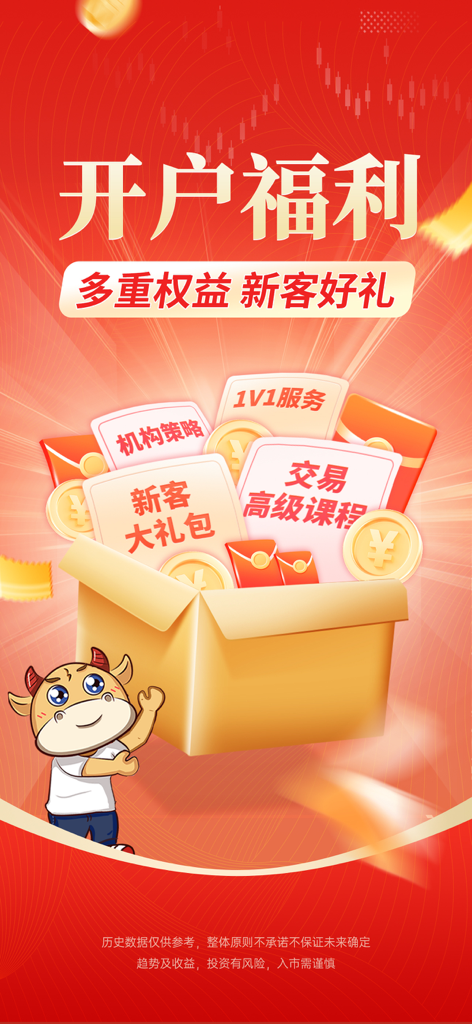 大智慧期讯通-期货行情资讯交易平台 - Promotional screen for DZH Futures Trading Platform showing account opening benefits and new user gift packs with a cartoon bull mascot.
