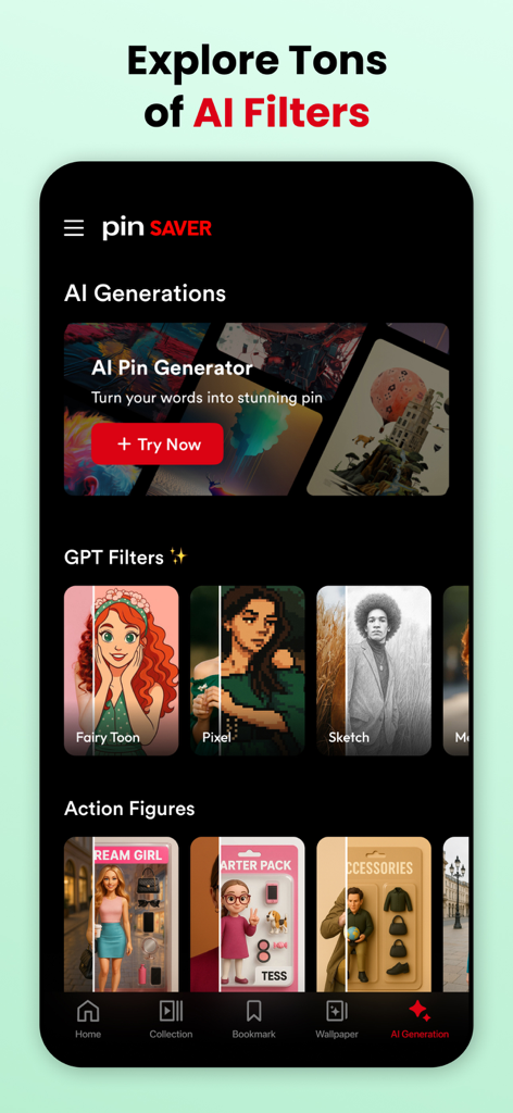 PinSaver app screen displaying AI filters and pin generation features including Fairy Toon and Pixel styles