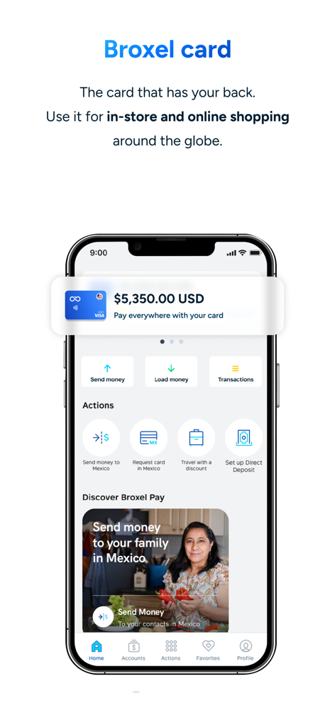 Broxel - Panel de la aplicación móvil Broxel mostrando el saldo de la cuenta y las opciones de transferencia de dinero a México