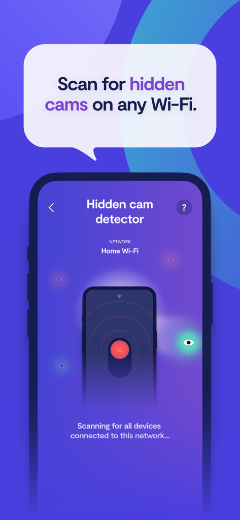 Clario AntiSpy mobile app screen showing the hidden camera detector feature scanning a Wi-Fi network