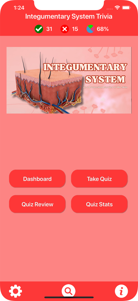 Integumentary System Trivia - Main menu of the Integumentary System Trivia app showing a skin anatomy diagram and quiz options