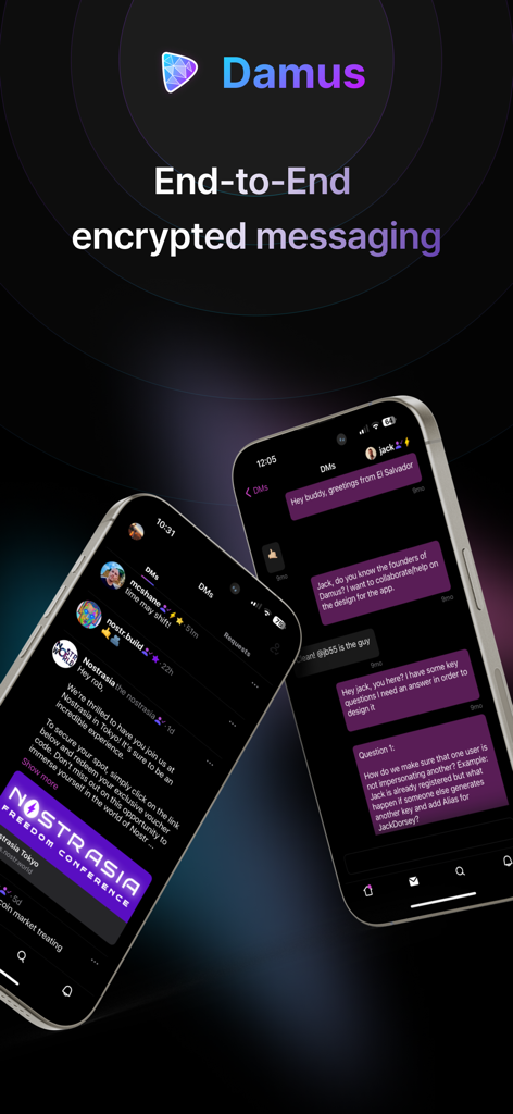 2台のスマートフォンで暗号化されたダイレクトメッセージを表示するDamusアプリのインターフェイス