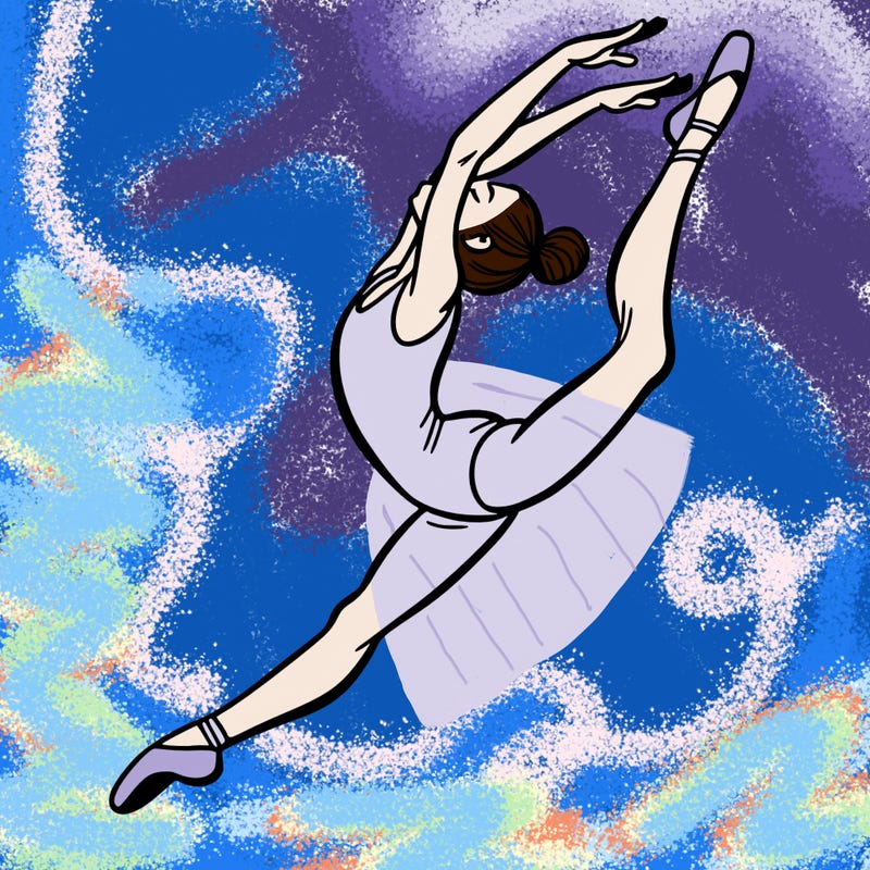 gymnast doing a leap in a leotard with a bent back leg