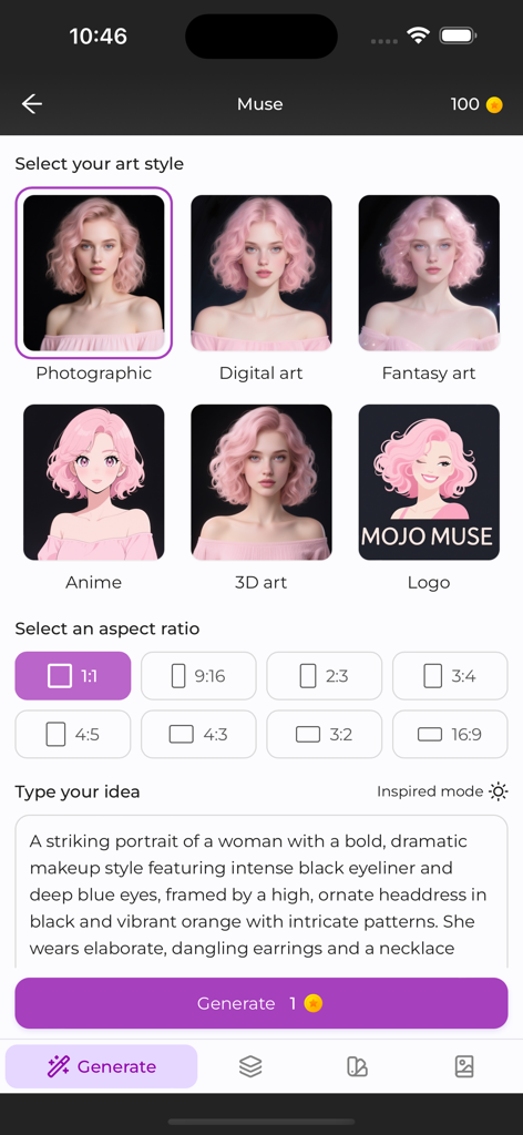 MOJO AI - A screen from the MOJO AI app showing art style options like anime and fantasy art with a text prompt input for image generation