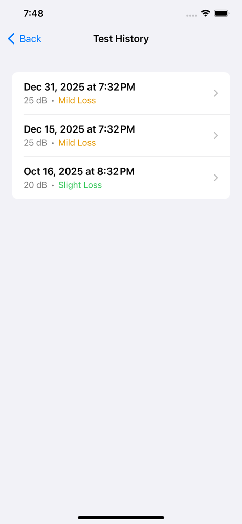 Screen displaying a history of hearing test results with dates and hearing loss levels