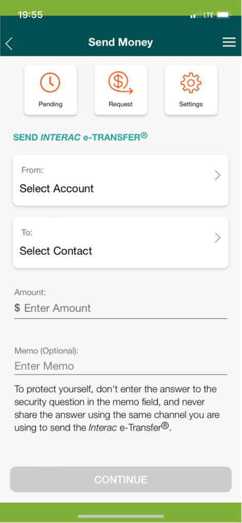 PHT Mobile - PHT Mobile app Send Money screen for Interac e-Transfer transactions