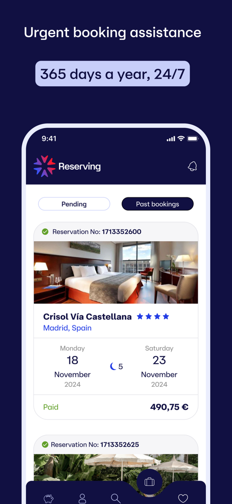 Reserving - Écran mobile de l'application Reserving montrant une réservation d'hôtel confirmée à Madrid avec une bannière pour une assistance de réservation urgente 24h/24 et 7j/7
