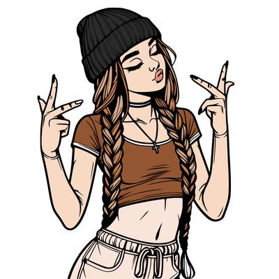 realistic teenage girl with braids and a beanie and crop top doing 🫶🏼