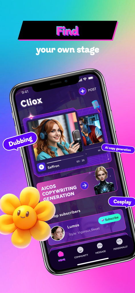 ClioX Mobile App-Oberfläche mit Inhalten aus der Voice-Dubbing- und Cosplay-Community