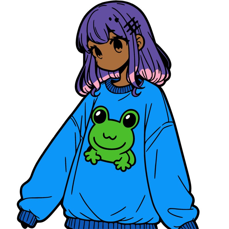 girl wearing frogging sweatshirt