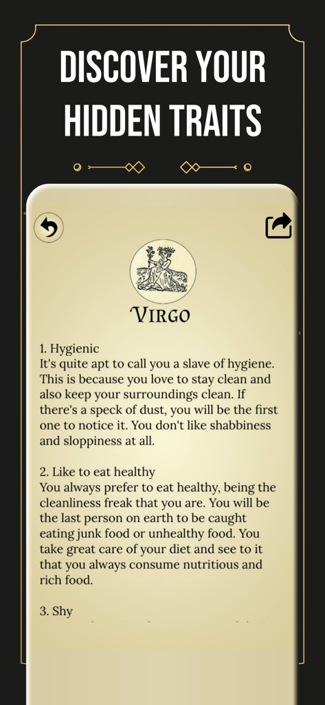 A mobile app screen displaying personality traits for the Virgo zodiac sign including hygienic and healthy eating habits