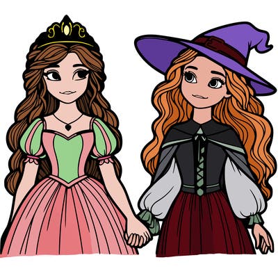 a princess and a witch holding hands realistic